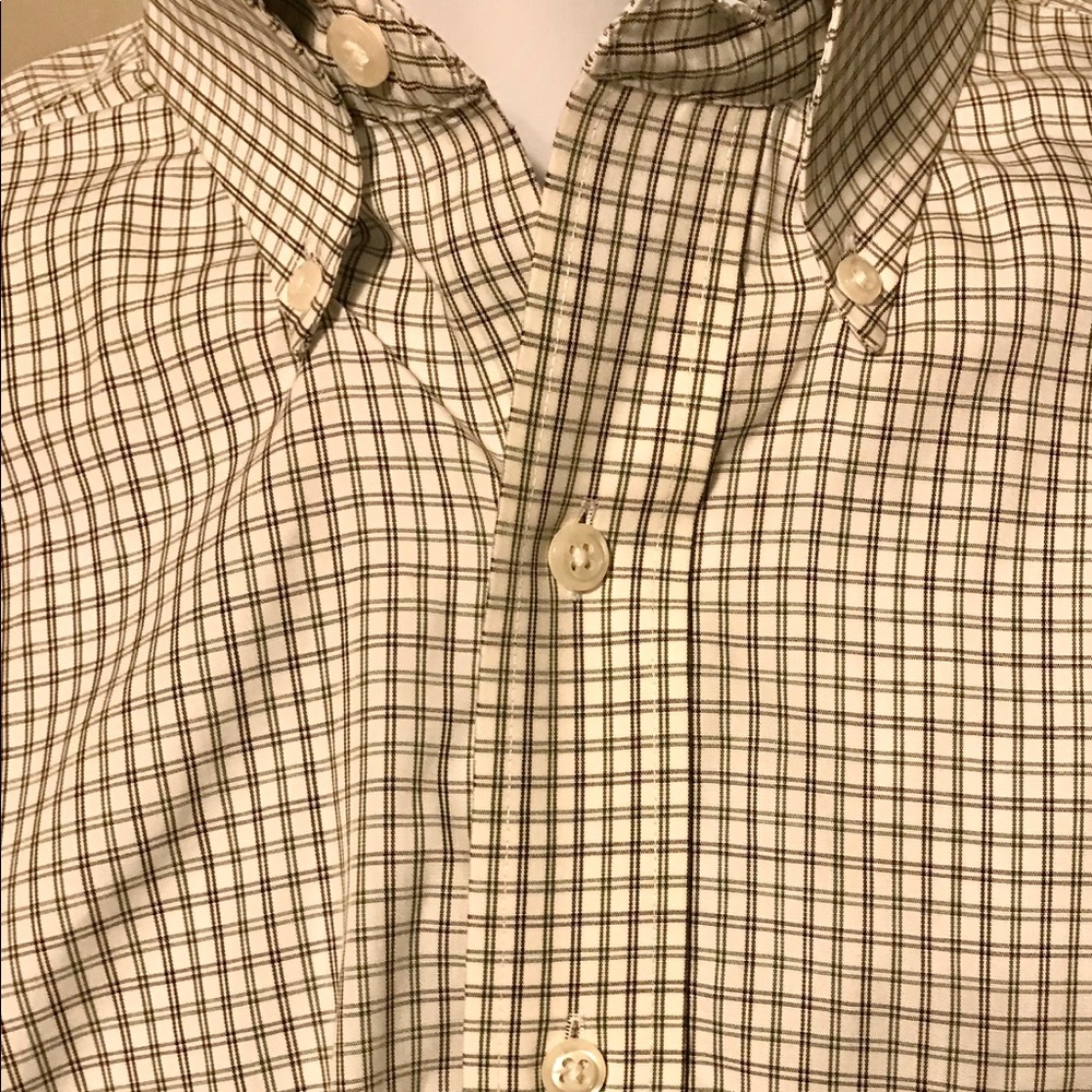 White button down with blue and green cross stitch